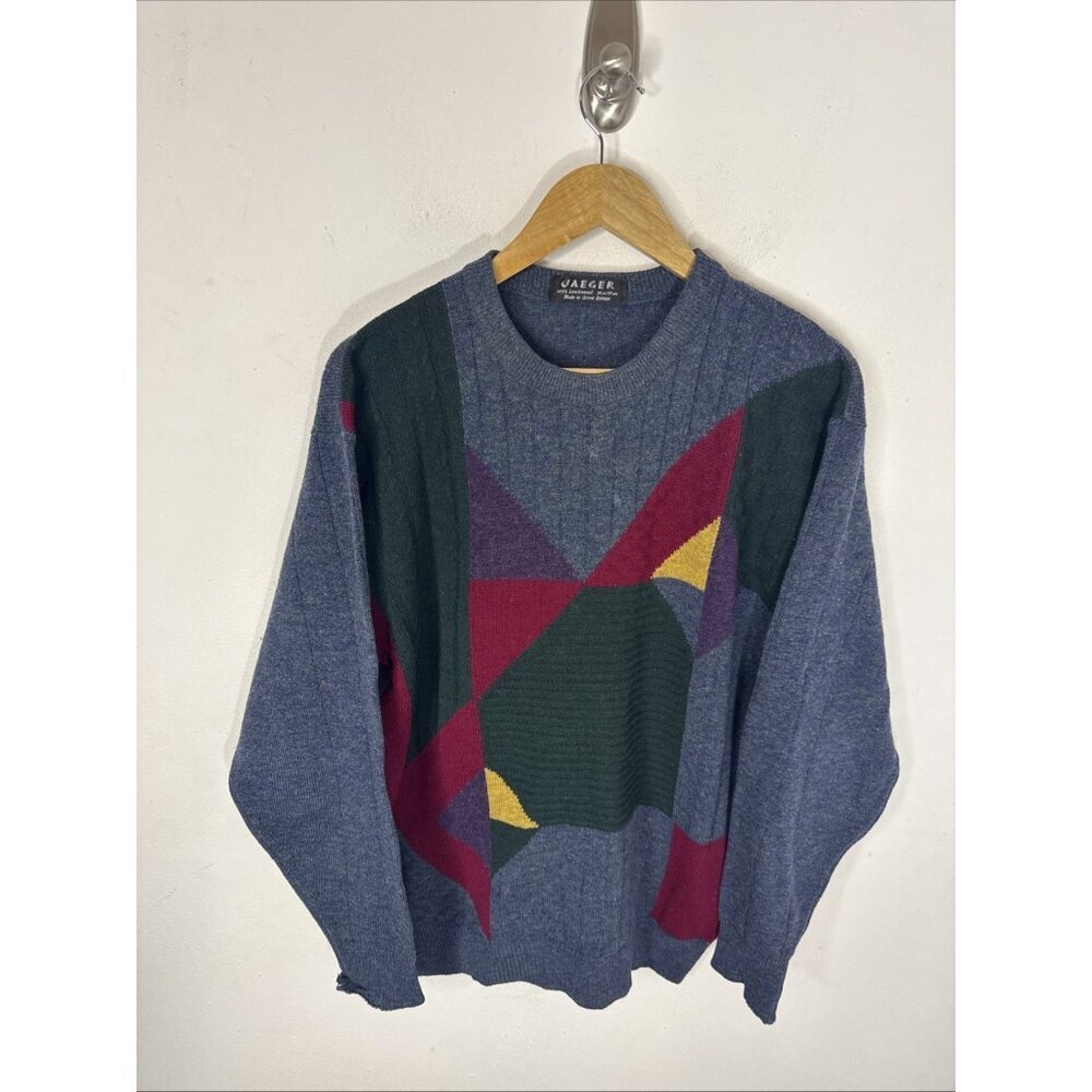 Jaeger Men’s 38 S Sweater Geometric Colorblock 100%‎ Lambswool Made in Britain